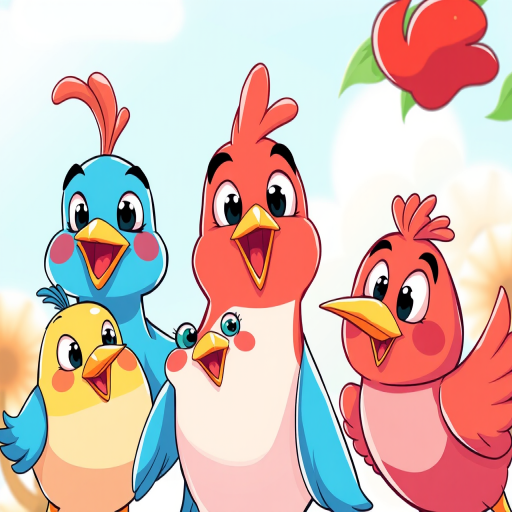 Create a bright and colorful illustration of cartoon birds with cheerful expressions, using a 50mm lens at f/2.8, capturing from a slightly elevated angle, in a vector art style, ensuring high resolution for sharp details and vibrant colors.