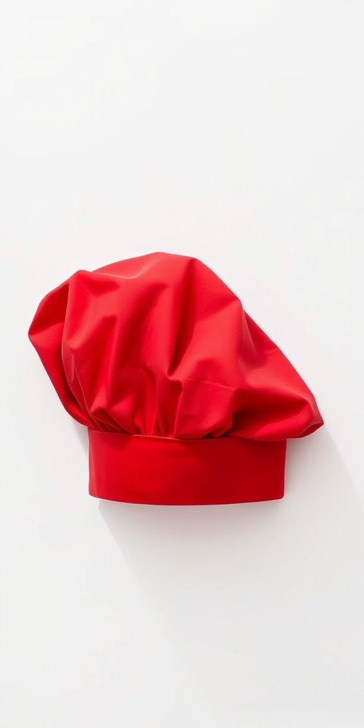 Create a high-resolution image of a red chef's hat on a white background, using a Canon EOS R5 camera with a 50mm lens, aperture set to f/2.8, ISO 100, shot in natural light from above for even illumination and soft shadows.