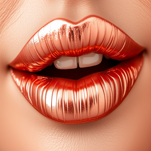 Opulent Rose Gold Foil wraps lips in a luxurious metallic sheen, combining warmth and radiance for a sophisticated and modern appearance.