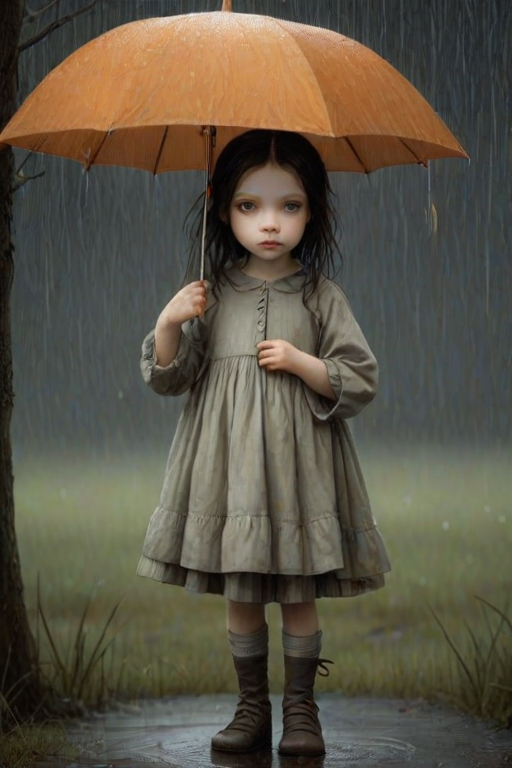 An eerie, weird little girl with dark hair in thin pigtails, wearing a smock dress, standing in the rain, holding a dirty orange umbrella, a small, odd creature beside her. In a surreal style inspired by Nicoletta Ceccoli and Brian Froud. Dark fantasy themes