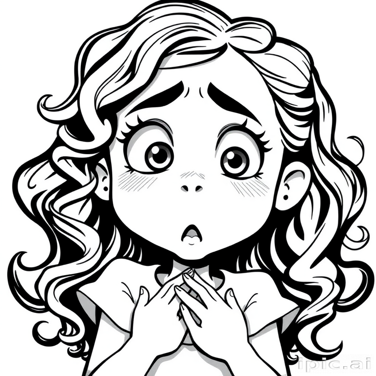 The image is a black and white illustration of a young girl with curly hair. She has a surprised expression on her face with her mouth open and her hands clasped together in front of her chest. Her eyes are wide and her eyebrows are furrowed. Her hair is styled in loose curls that are cascading down her back. The overall mood of the image is one of shock or surprise.