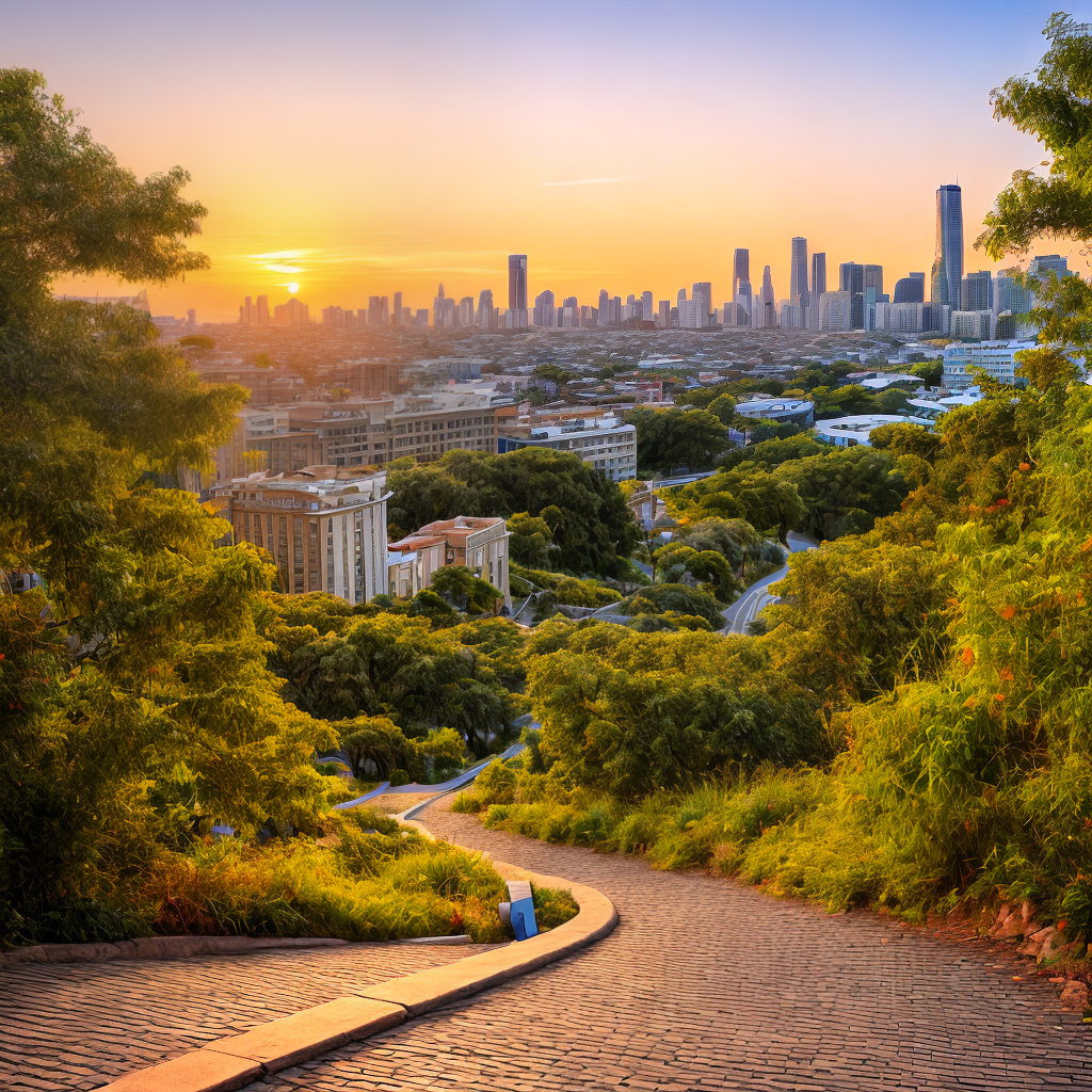 sunset path. city background