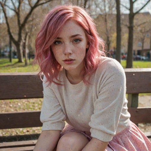 close-up, brown and prominent freckles, extremely detailed, pink hair, young woman, facial features, bright, flash, outdoors, ((small eyes)), realistic, real, clear, iPhone camera, sitting on a bench, spring winds, skirt, intriguing look, sexy pose