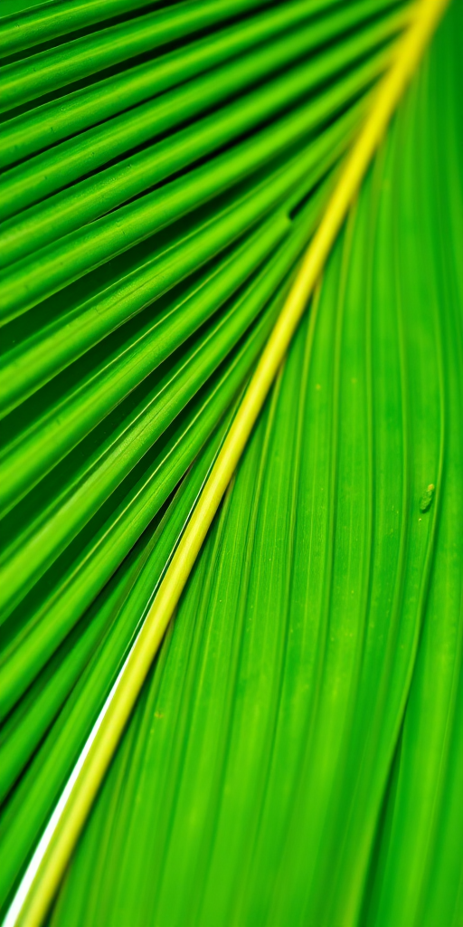 close-up of a green palm leaf with intricate details, natural light backdrop, DSLR camera, aperture f/2.8, shutter speed 1/200s, ISO 200, macro lens, shallow depth of field, vibrant colors