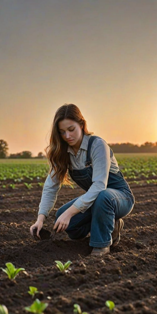 Quiet farm field at dawn, the sun just beginning to rise, a woman in overalls kneels in the soil, planting seeds, her hands gently working the earth as morning dew sparkles around her.