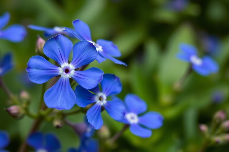 Close-up shot of vibrant blue flowers with green foliage in the background, using a macro lens, aperture f/2.8, ISO 200, shutter speed 1/250s, with a shallow depth of field for a blurred background, taken with a DSLR camera.