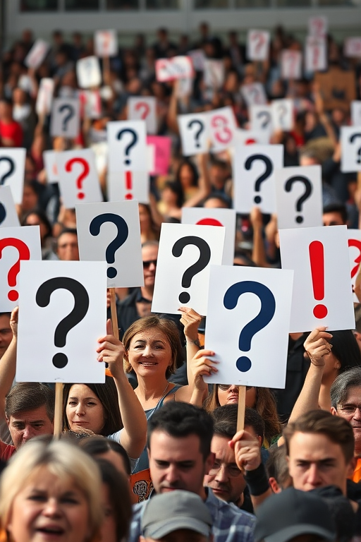 Create an image of a diverse crowd holding up signs with question marks and exclamation points, captured in a wide-angle view using a DSLR camera, f/8 aperture, ISO 200, 24mm focal length, natural light, and enhanced contrast for clarity and depth.