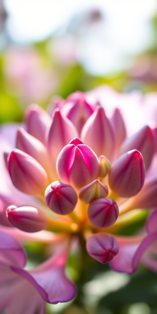 Close-up of blooming rhododendron buds with purple and green hues, soft bokeh background, natural sunlight, aperture f/2.8, shutter speed 1/250s, ISO 200, macro lens, DSLR camera.