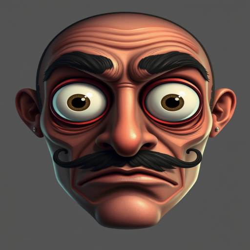 Create an illustration of a surreal mask with exaggerated features, focusing on large white eyes, a prominent nose, and a thick mustache, using a 50mm lens, f/2.8 aperture, 1/125 shutter speed, in a high-resolution digital format, shot in a well-lit studio setting to enhance details and colors.