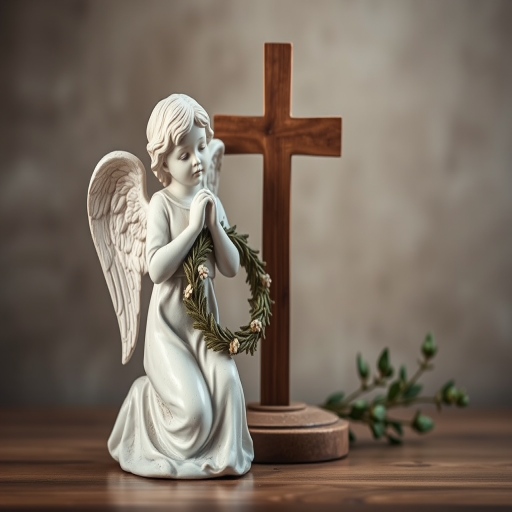 Create a high-resolution image of a serene angelic statue kneeling next to a wooden cross, holding a wreath with a muted background, captured with a DSLR camera at f/1.8, ISO 100, 50mm lens, soft natural light for enhanced details and texture.