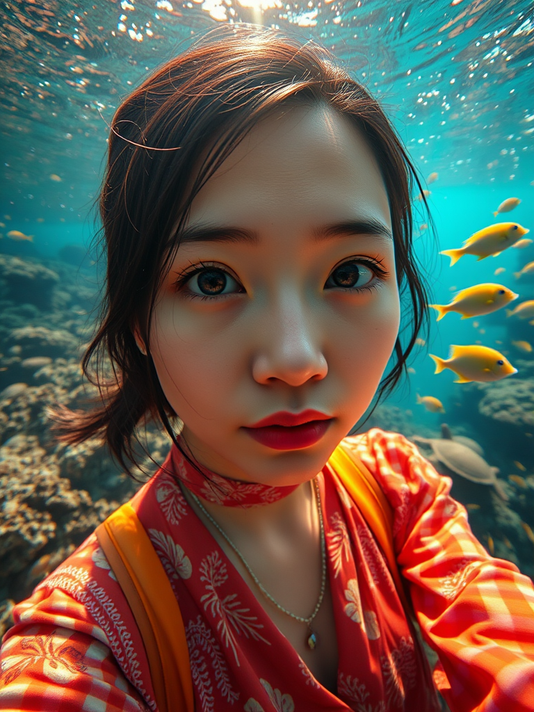 Realistic selfie image of a Taiwanese, wearing a vintage outfit, detailed dreamy eyes, droopy hooded eyes, staring at the camera, taken underwater at coral reef with a sunbeam filtering through the water, vibrant, summer vacation, natural lighting, turtle and school of tropical fish with vibrant colors, rendered in the style of CryEngine, Pegi Nicol MacLeod, with realistic genre scenes, hauntingly beautiful narratives, ultra-realism, and Thomas Saliot's close-up technique, 8K resolution, crystal clear and sparkling water.