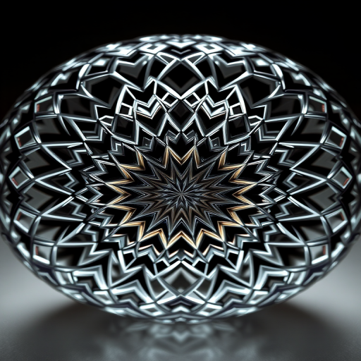 Create a highly detailed geometric pattern of a spherical shape, captured with a Canon EOS R5 camera, 50mm lens, f/1.8 aperture, ISO 100, 1/200s shutter speed, using a symmetrical view and soft lighting to enhance clarity and depth.