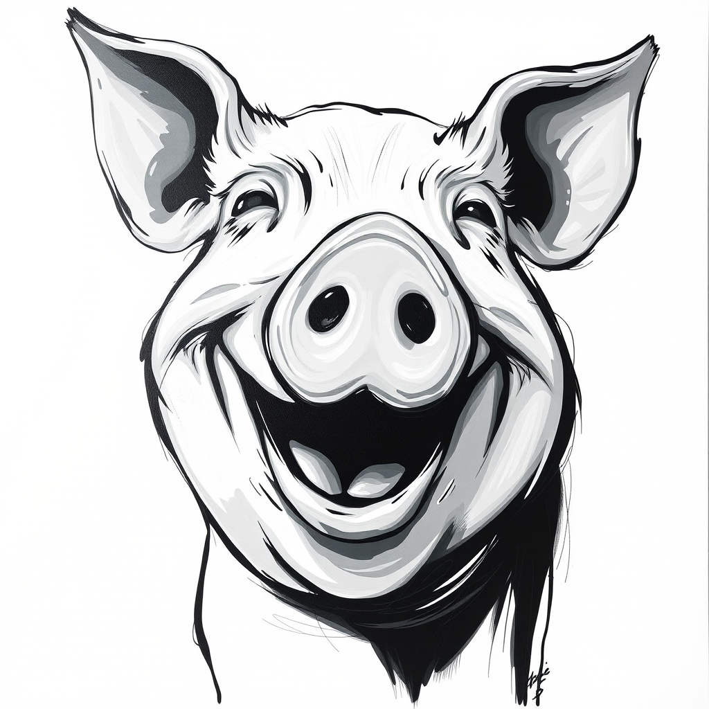 Abstract black and white acrylic portrait of an over exaggerated laughing (pig). Minimalism style. White background.