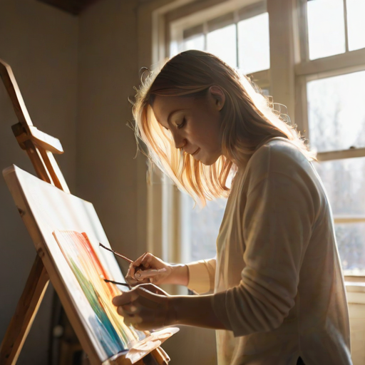Soft-focus image of a woman painting on a canvas in a sunlit studio, her colorful palette beside her, with sunlight streaming through large windows, creating a warm and creative atmosphere.