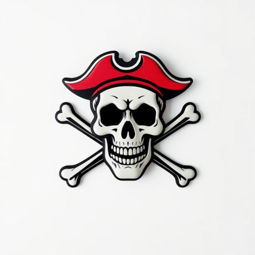 Create a high-resolution image of a pirate skull and crossbones logo, photographed with a DSLR camera at f/2.8 aperture, ISO 100, 50mm lens, top-down view, in a flat lay style with a clean background for enhanced clarity and vibrancy.