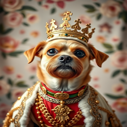 portrait of a regal dog wearing an ornate royal outfit with a crown, captured in high detail using a Canon EOS R5 with an 85mm f/1.2 lens at f/1.2, ISO 100, 1/200s, soft natural lighting, shallow depth of field, and a blurred floral background for emphasis on the subject