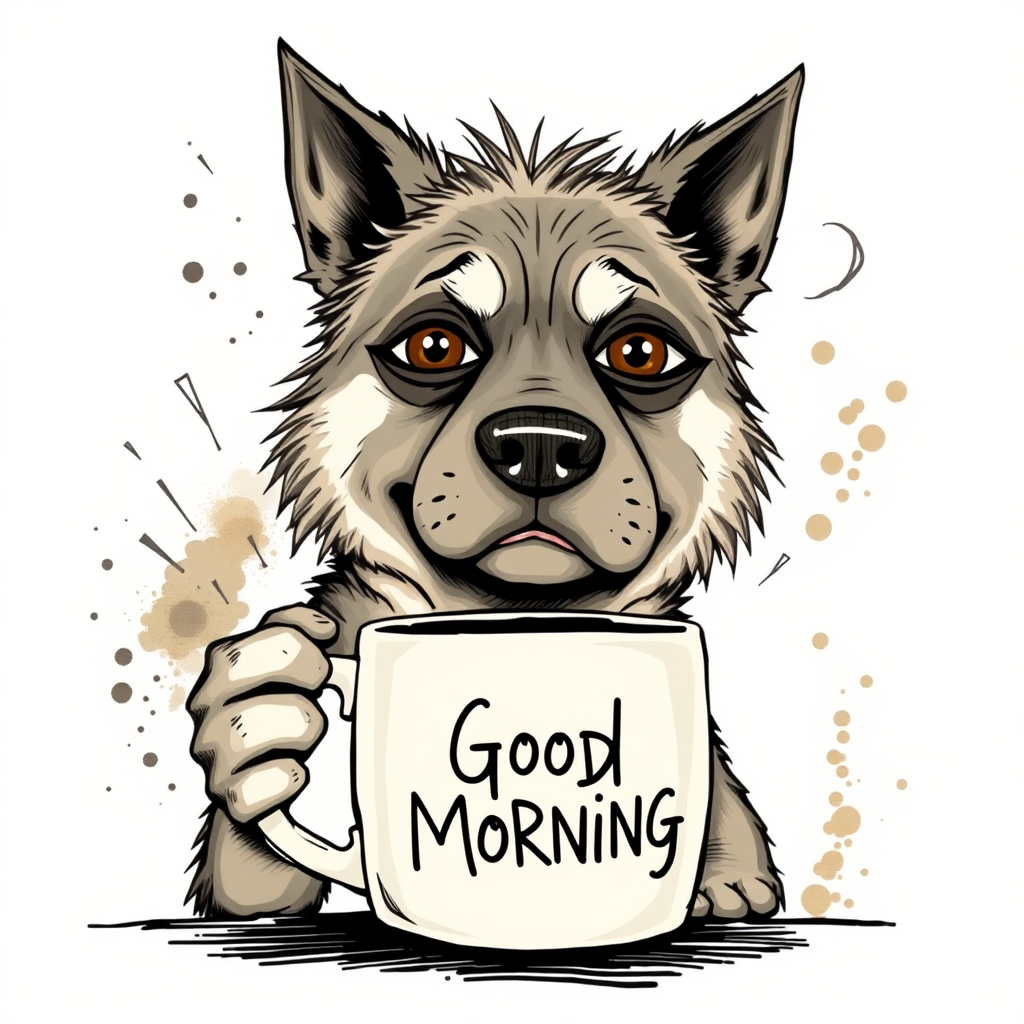 A quirky, artistic illustration of a disheveled akita pit dog breed with exaggerated, large eyes and spiky fur, holding a coffee mug that reads "Good Morning". The dog has a tired but humorous expression, with ink splatters and abstract details surrounding it, giving a whimsical feel to the image. The color palette is mostly monochrome with hints of brown in the eyes and steam rising from the mug, enhancing the overall sleepy vibe