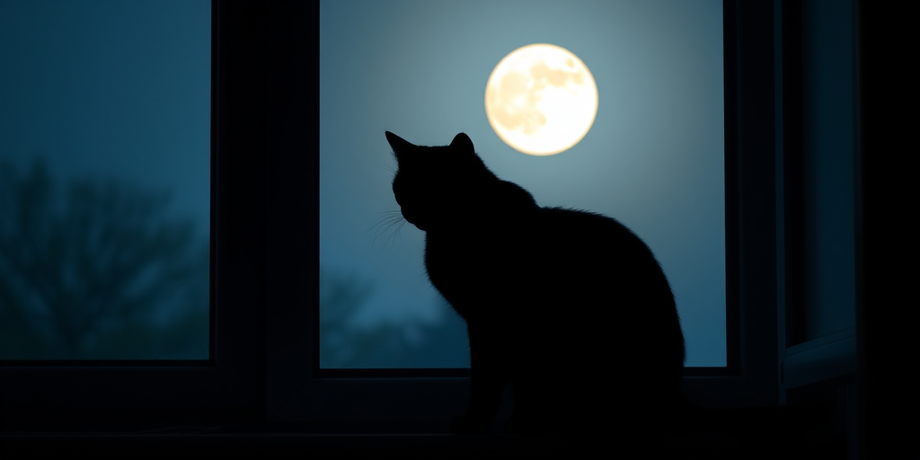Generate an image of a stylized black silhouette of a cat sitting on a windowsill with a full moon in the background, captured with a Canon EOS R5, 85mm lens, aperture set to f/1.8, ISO 100, in a soft-focus style to enhance the silhouette effect.
