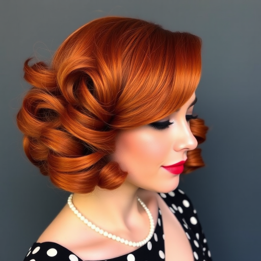 Copper penny hair color styled in voluminous vintage victory rolls, the Retro Flame style embodies classic glamour and timeless elegance with a fiery twist