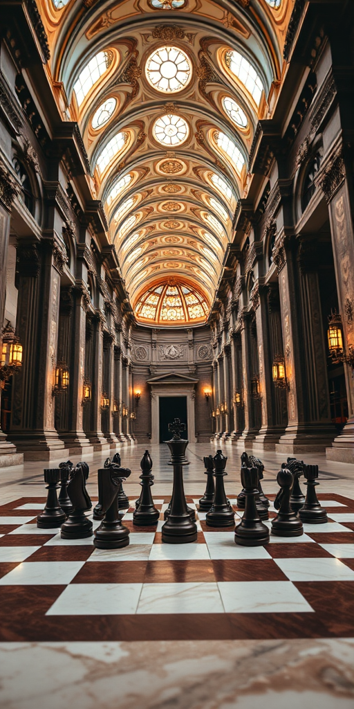Create a highly detailed image of a grand chessboard set in an opulent, cathedral-like hall with high ceilings and intricate architecture, featuring polished marble and ornate lighting, shot with a Canon EOS R5 at f/1.8, ISO 100, 35mm lens, in a wide angle view to enhance depth and clarity.