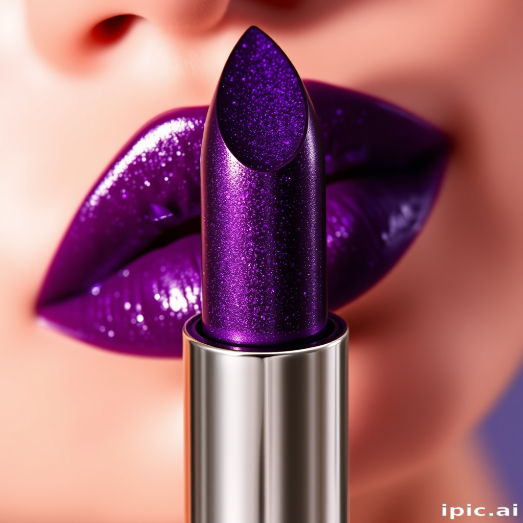 Alluring "Amethyst Aura" lipstick transforms lips with a deep purple hue and multidimensional shimmer, creating a mesmerizing, gem-like effect