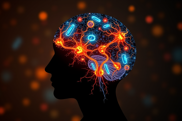 Create a digital artwork of a silhouette of a human head filled with vibrant, glowing neurons and cosmic elements, shot with a Canon EOS R5 at f/1.8, ISO 100, 1/250 sec, using a macro lens for high detail, in soft-focus with dramatic lighting to enhance depth and clarity.