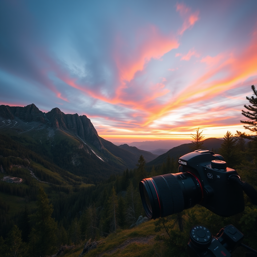Capture a high-resolution image of a serene mountain landscape during sunrise with vibrant colors, using a DSLR camera with a 24mm lens, aperture set to f/8 for depth of field, ISO 100 for minimal noise, and a shutter speed of 1/60 seconds, in landscape orientation.