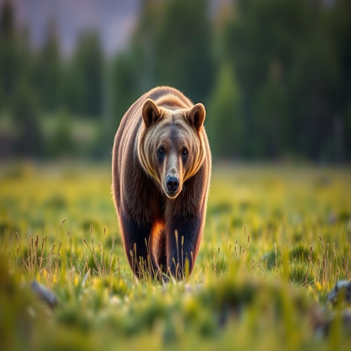 Capture a close-up shot of a grizzly bear walking through a lush green field during golden hour with soft focus background, using a DSLR camera with a 70-200mm lens at f/4, ISO 200, and shutter speed of 1/500 seconds.