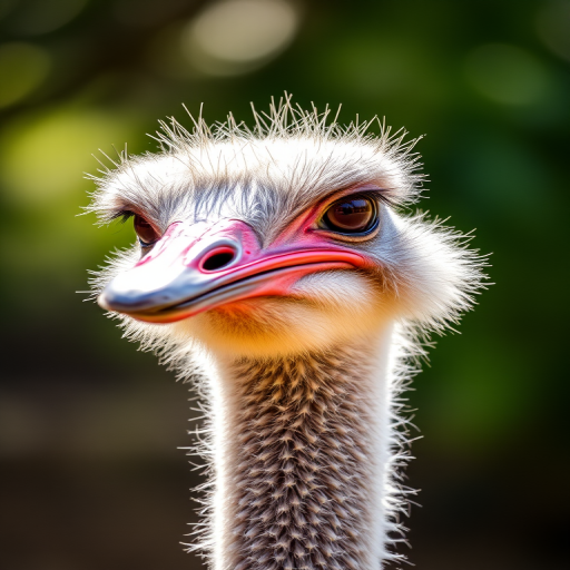 ostrich portrait, shallow depth of field, soft natural lighting, focus on eye details, 50mm lens, f/1.8 aperture, ISO 200, 1/200s shutter speed, DSLR camera, wildlife photography style, blurred background for depth