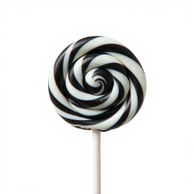 Create a high-resolution image of a classic swirl lollipop with bold black and white colors on a transparent background, using a DSLR camera with a 50mm lens, aperture set to f/2.8, ISO 100, and 1/250 shutter speed, capturing a clean and sharp detail with a soft-focus background.