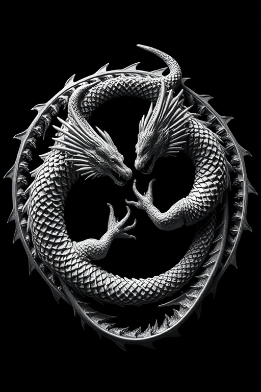 Create a high-contrast black and white image of abstract dragons intertwining in a circular design with sharp edges, using a Canon EOS R5, f/8 aperture, ISO 100, 50mm lens, and a studio lighting setup for enhanced clarity and detail.