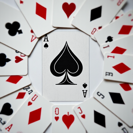 Create a circular arrangement of playing cards with a focus on the Ace of Spades, using a shallow depth of field, 50mm lens, f/1.8 aperture, ISO 200, and a top-down view for enhanced clarity and detail.