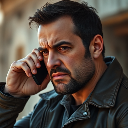 portrait of a rugged man in a leather jacket talking on a phone with an intense expression, hand raised as if signaling, natural daylight, shot with a Canon EOS R5, 50mm lens, f/1.8 aperture, ISO 200, shallow depth of field, cinematic style