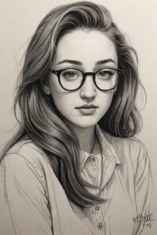 Alluring Noah Cyrus, pencil sketch, portrait of Beauteous woman 1948s in glasses, hair style beatnik, outline, clear lines, fine lines, 8k