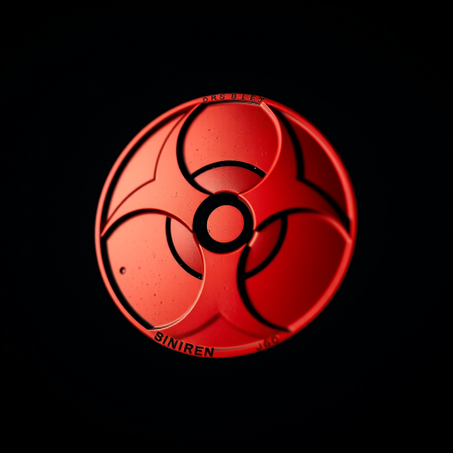 Create an artistic representation of a biohazard symbol with a high contrast palette, shot with a Canon EOS R5 at f/1.8, ISO 100, 1/200s, using a macro lens to capture intricate details, in a soft focus background to enhance the symbol's prominence.