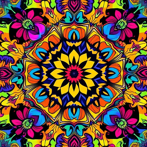Create a vibrant, abstract image featuring intricate floral patterns and geometric designs with a full spectrum of colors, shot with a DSLR camera at f/8 aperture, ISO 100, 24mm lens, wide-angle view, and in high saturation style to enhance depth and detail.