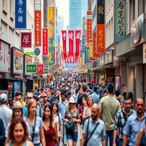 Generate a vibrant street scene of a busy city with a diverse crowd walking along a bustling shopping street, captured using a DSLR camera at 50mm, f/4 aperture, ISO 100, with a shallow depth of field for focus on pedestrians, taken from a slightly elevated perspective.