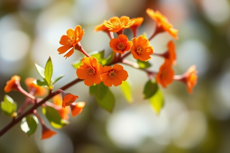 regenerate a high-resolution image of a stylized flower branch with orange round flowers and green leaves, using a DSLR camera, 50mm lens, f/2.8 aperture, ISO 100, shot in natural light, with a shallow depth of field for a soft background effect