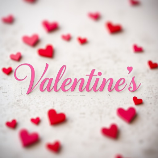 Create a romantic design featuring the text "Valentine's" in elegant, cursive pink font, surrounded by small red hearts, shot with a DSLR camera at f/2.8, 50mm lens, natural light, shallow depth of field for a soft background.