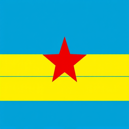 Create a detailed illustration of the flag of Aruba, featuring a bright blue background, a red star with white outline, and two horizontal yellow stripes, captured with a DSLR camera at f/8 aperture, 50mm lens, natural lighting, and a high resolution for clarity.