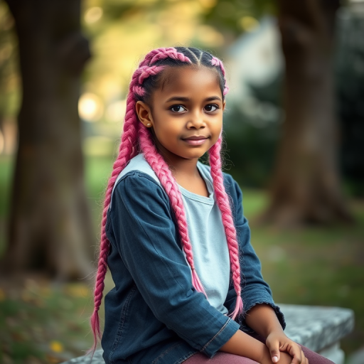 portrait of a girl with long pink ombre braids sitting on a stone bench outdoors in soft natural light, Canon EOS R5, 50mm f/1.2 lens, aperture priority mode, ISO 100, shutter speed 1/200s, shallow depth of field, soft background blur