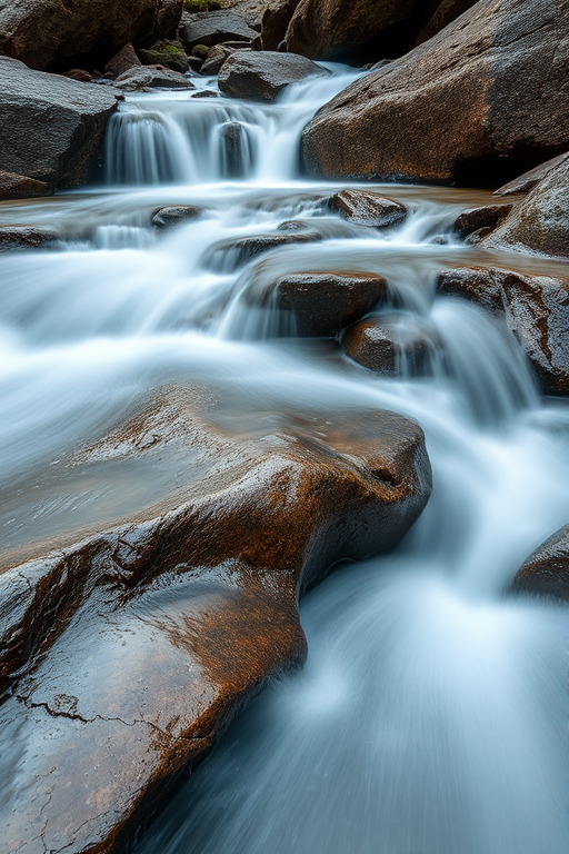 Generate a serene waterfall scene with smooth flowing water cascading over rocky formations, captured using a DSLR camera at f/8 aperture, 1/4 second shutter speed for a silky effect, ISO 100, with a wide-angle lens at 24mm for a dynamic perspective, featuring natural lighting to enhance the texture of the rocks.