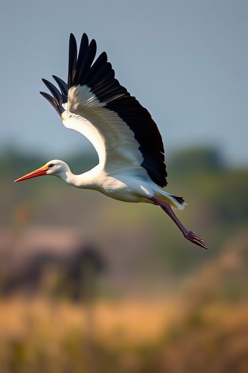 A stork in mid-flight with extended wings, captured with a Canon EOS 5D Mark IV, 100mm lens, f/8 aperture, ISO 200, 1/1000 sec shutter speed, natural light, with a shallow depth of field for a blurred background.