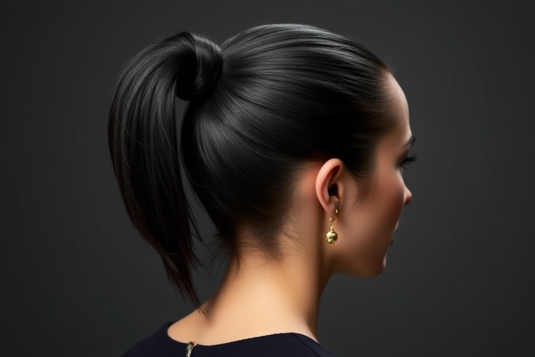 Sleek high ponytail in jet black, wrapped with a section of hair and adorned with gold cuffs, showcasing polished elegance with a touch of edge