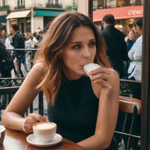 Crowded cafe in Paris, the Eiffel Tower visible in the distance, a woman sipping a cappuccino, watching the world go by from her small, round table.