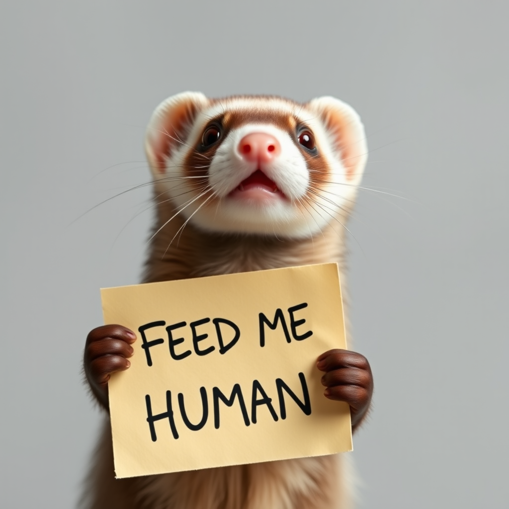 Ferret holding a note which says "FEED ME HUMAN"
