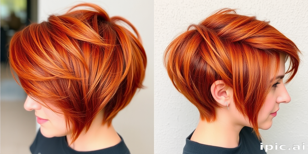 Vibrant copper-toned pixie cut named "Ember Spice" featuring textured layers and a swept-back fringe, exuding a fiery and energetic aura with subtle highlights throughout