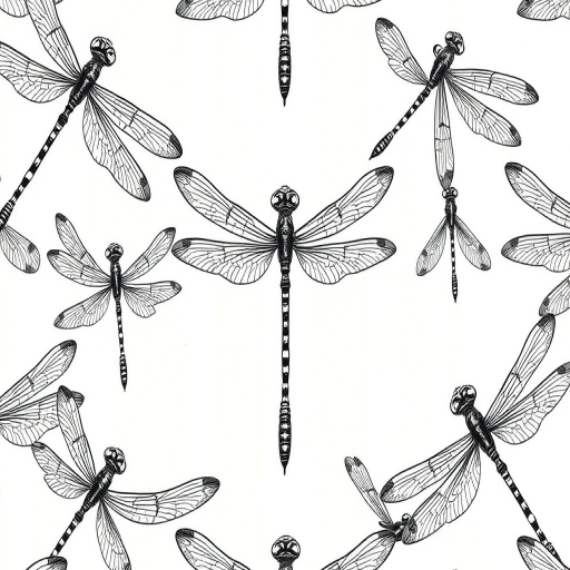 Create a seamless pattern of hand-drawn dragonflies with intricate details on a white background, use a Canon EOS R5 camera, set aperture to f/8, shutter speed of 1/250s, ISO 100, and a macro lens for enhanced clarity.
