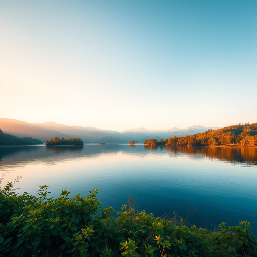 Create a high-resolution image of a serene landscape featuring a tranquil lake surrounded by lush greenery and distant mountains, shot with a Canon EOS R5, 24mm lens, f/8 aperture, ISO 100, at sunrise to capture warm lighting and reflections on the water.