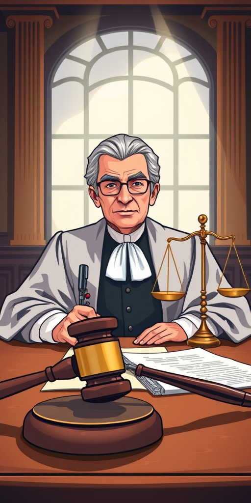 Create an illustration of a judge in a courtroom setting, featuring a gavel and legal documents on the table, with a pair of scales of justice in the background, use a DSLR camera with a 50mm lens at f/1.8 for softness in the background, shoot from a slightly elevated angle for a dynamic view, use natural lighting to enhance shadows and highlights.